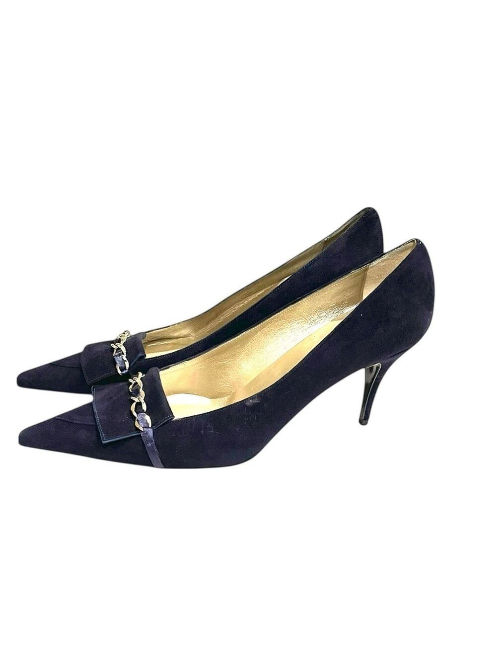 Claudia Ciuti Navy Suede Point Toe Pumps Chain Detail SZ 9.5